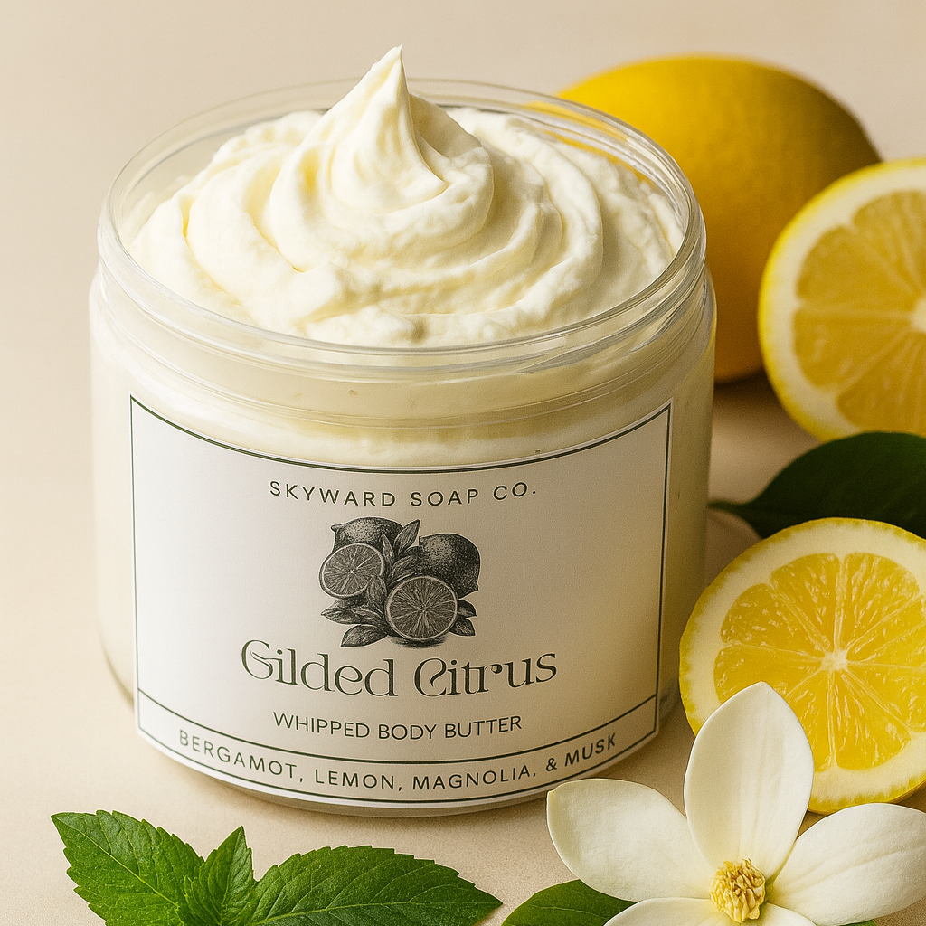 Jar of whipped body butter with 'Gilded Citrus' label, surrounded by lemons and flowers on a beige background