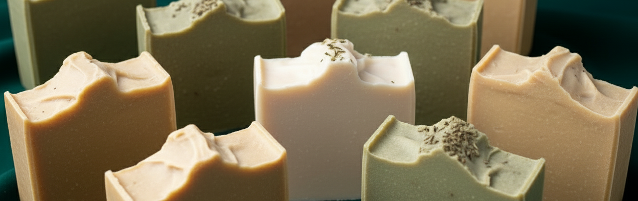Multiple soap bars sitting on a green background  