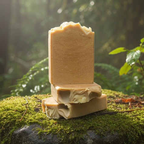 Three bars of oatmeal milk and honey soap in a forest