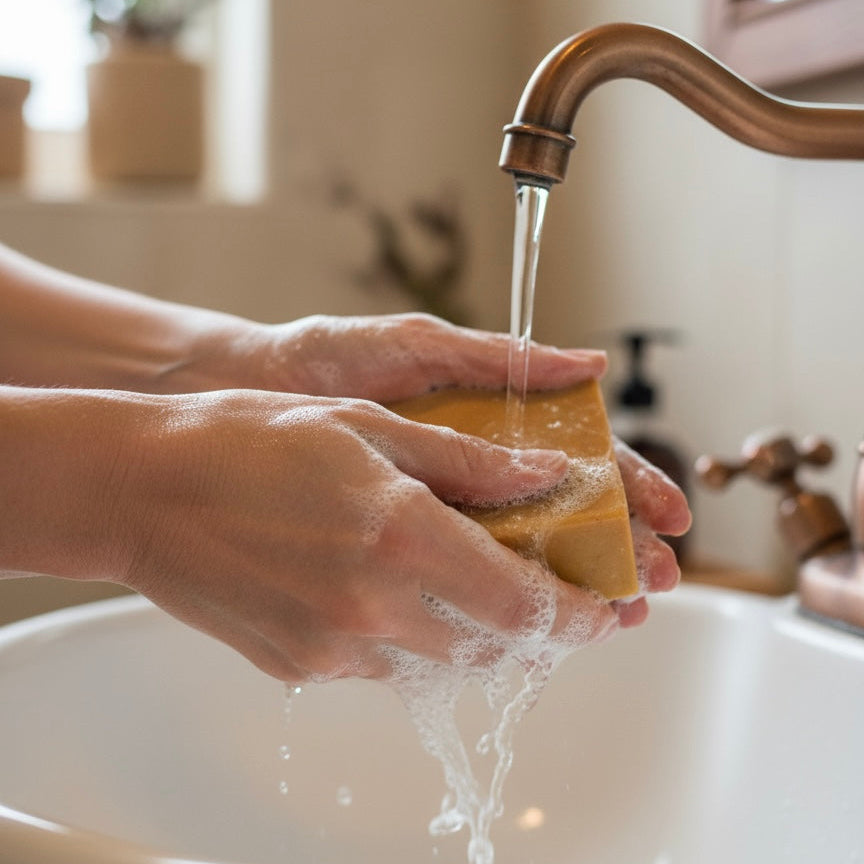 A bar of oatmeal milk and honey being used to wash hands