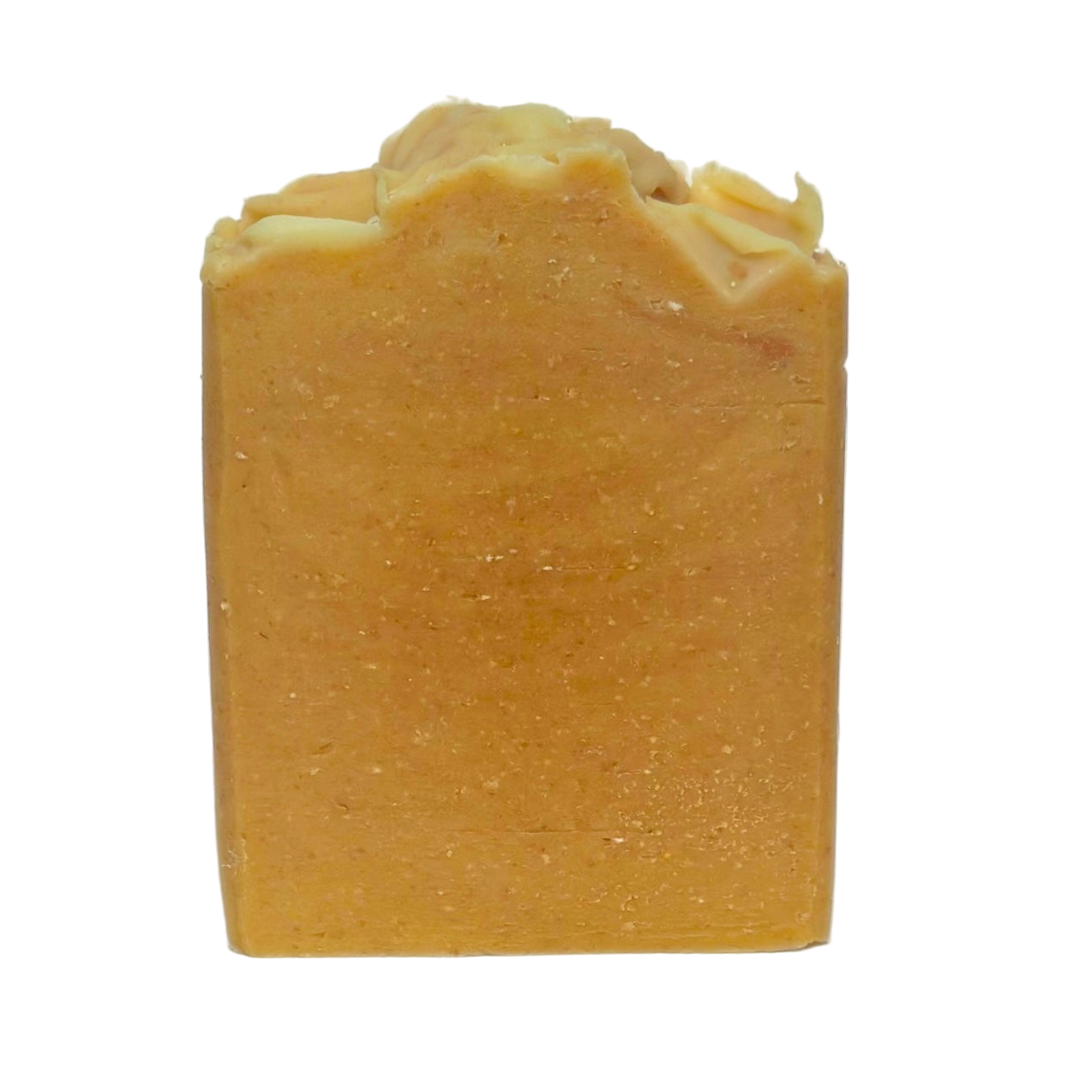 A single bar of oatmeal milk and honey soap on a white background