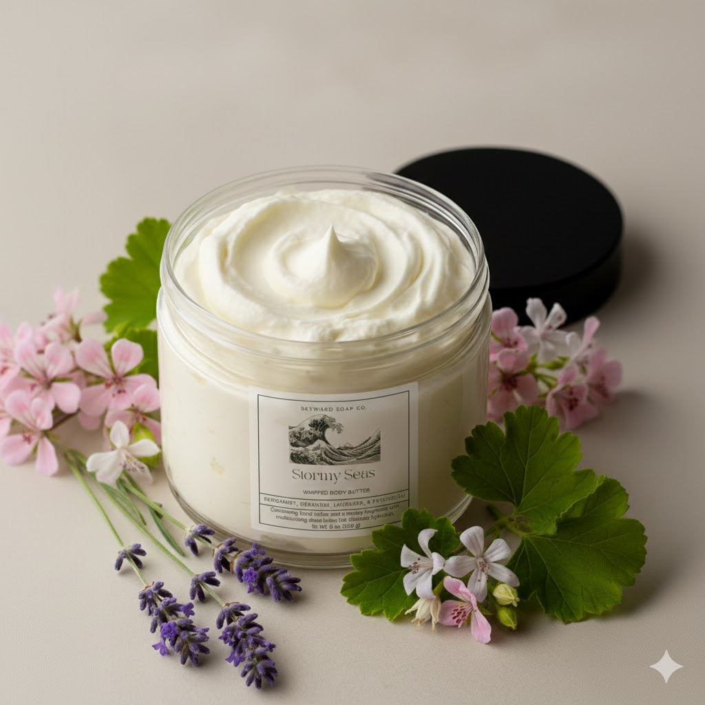 Jar of body butter with flowers on a neutral background