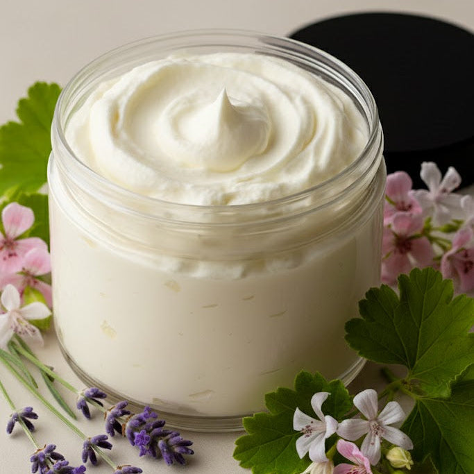 Jar of body butter with flowers and leaves on a light background