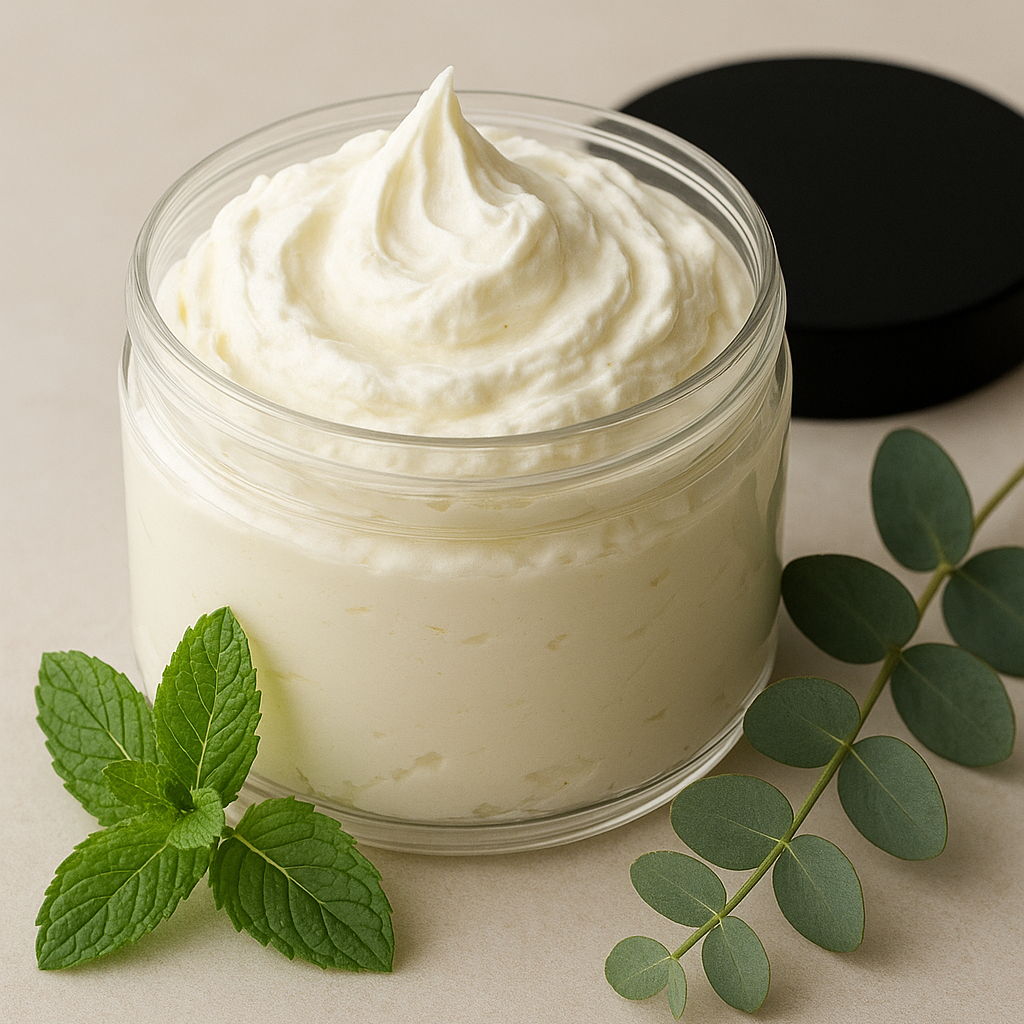Plastic jar of body butter with a black lid on a light surface with spearmint and eucalyptus leaves