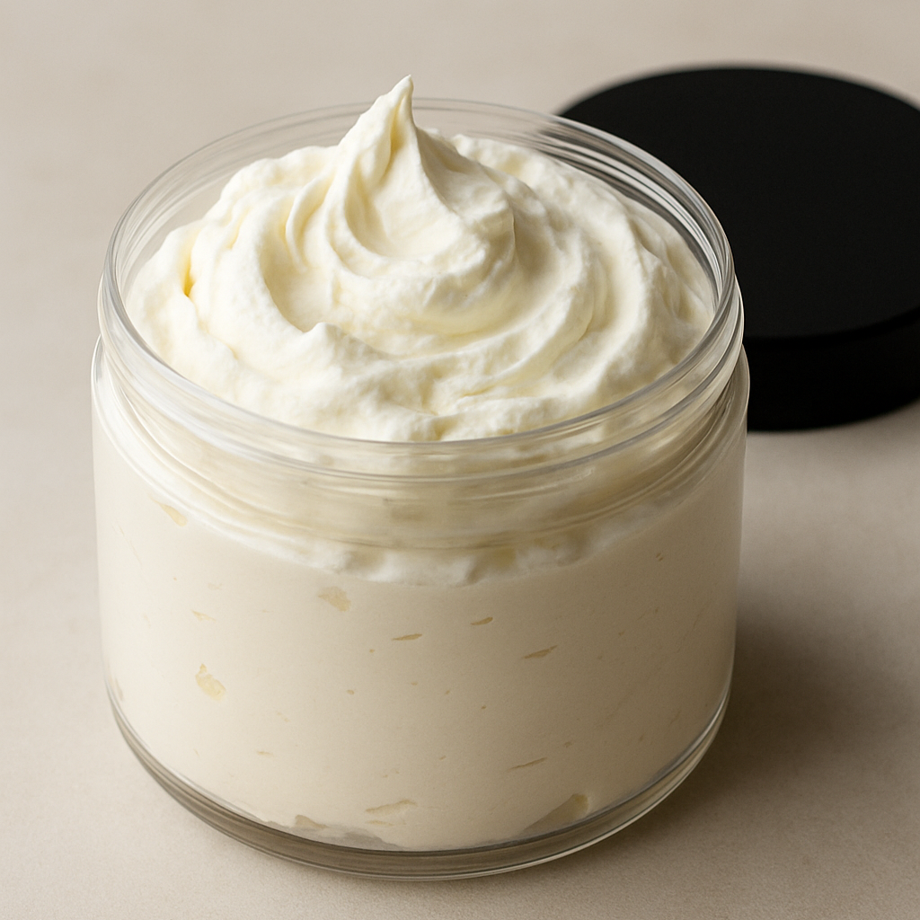Plastic jar filled with Body Butter on a neutral background
